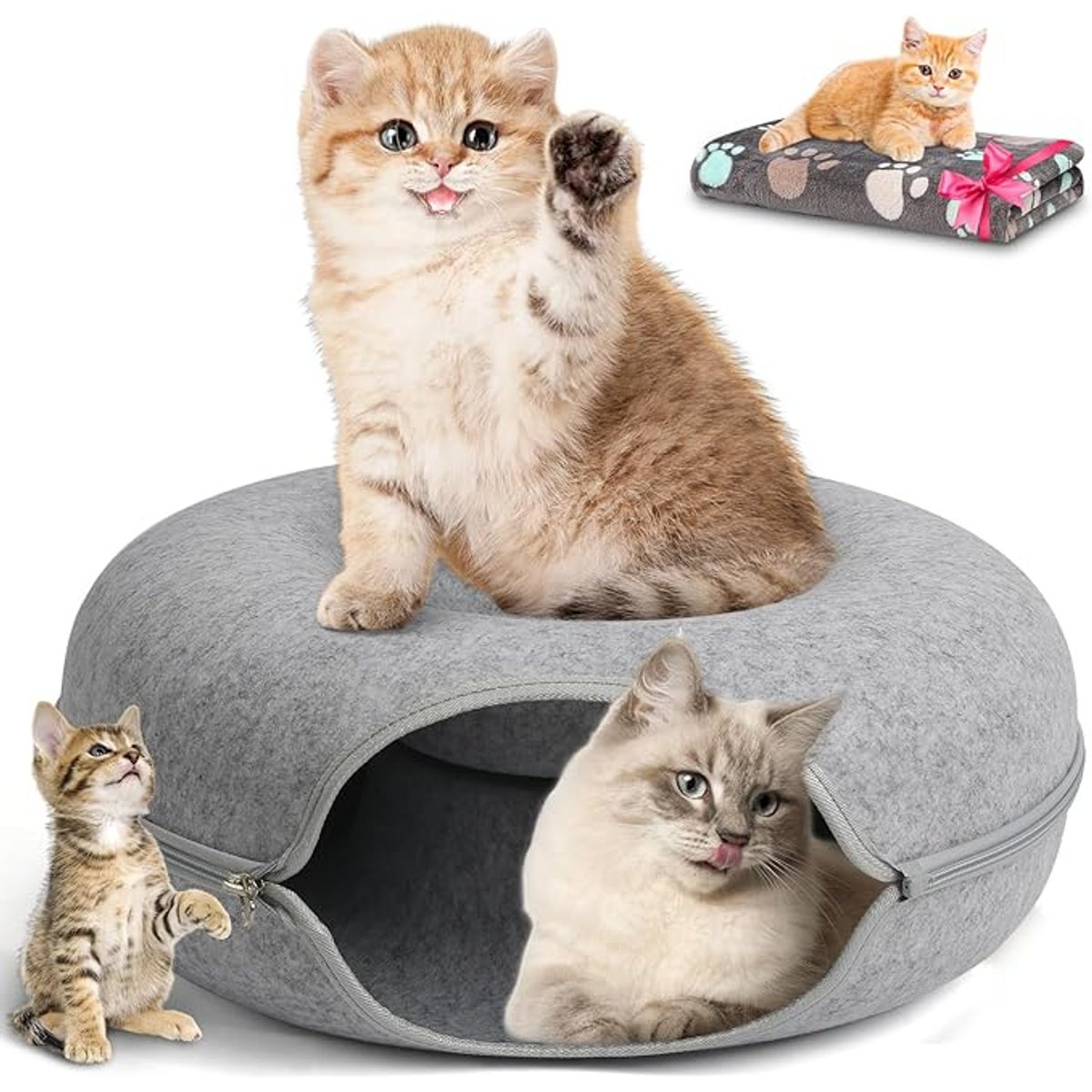 HOMAGICO Indoor Peekaboo Donut Tunnel Bed Cat Plush Toy, Light Grey, Large