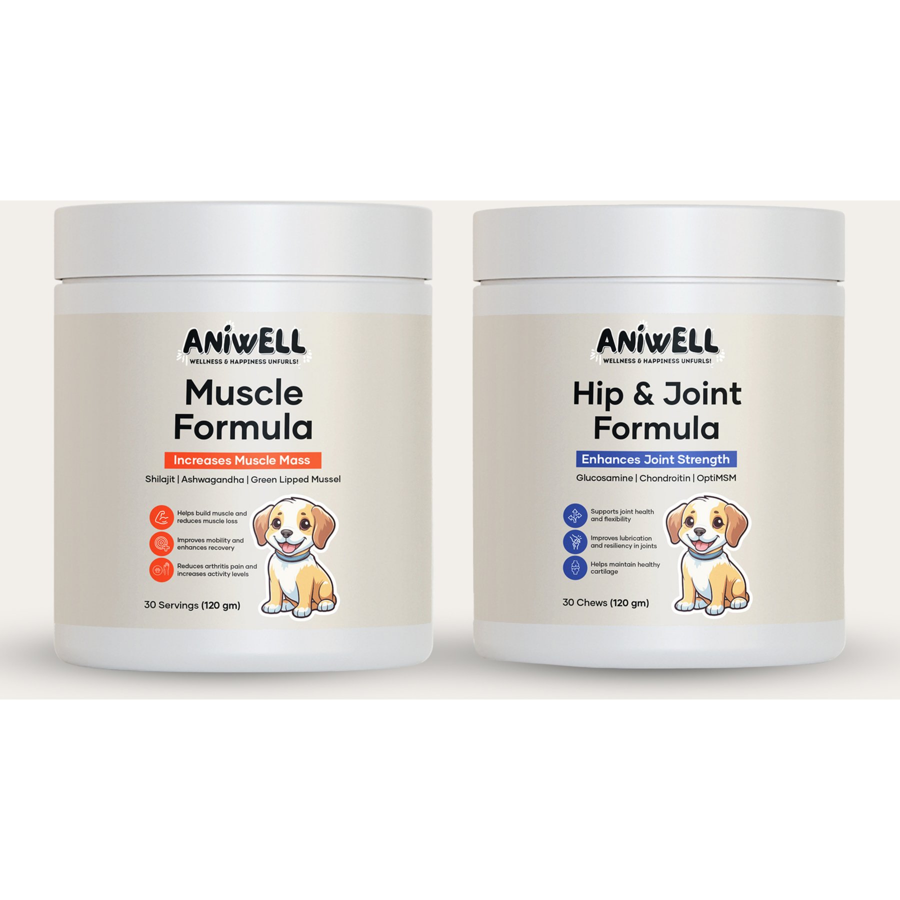 Aniwell Power Pack Hip & Joint Formula & Muscle Formula Chew Supplement for Dogs, 60 count