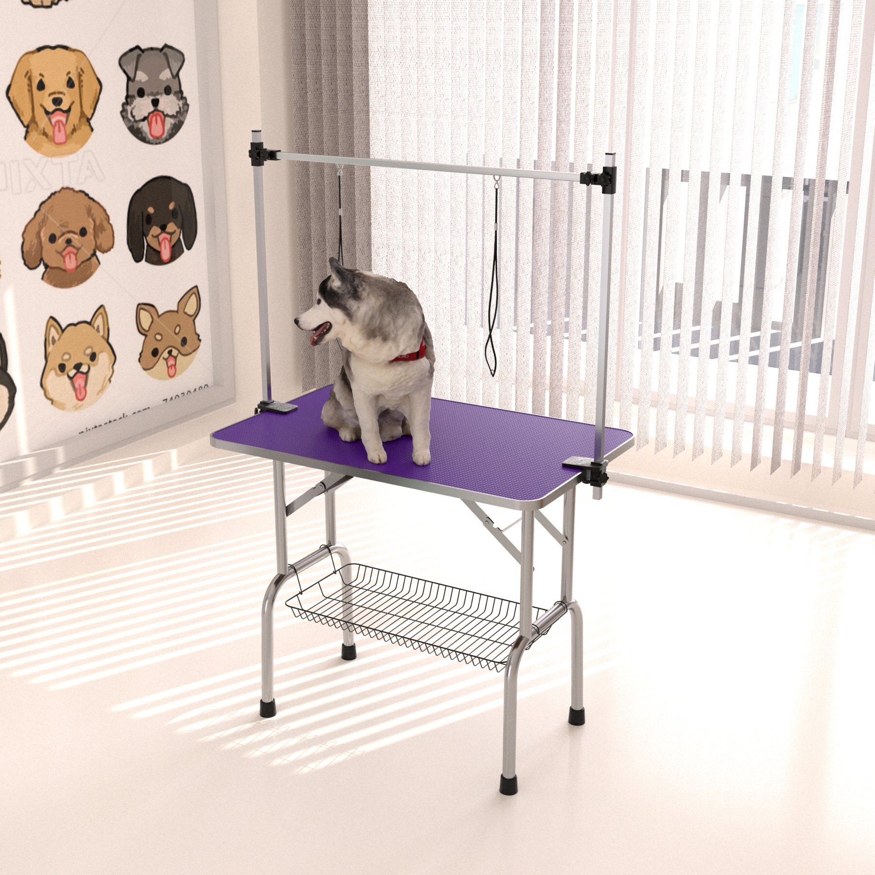 Zeus & Ruta Dog Grooming Table with Adjustable Arms & Storage Basket, Purple, 36-in