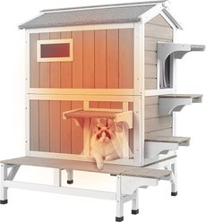 Petscosset Insulated Outdoor Two-Story Cat House with Raised Base & Openable Roof, Gray, 33.5 x 25.6 x 39.5-in