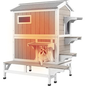 Petscosset Insulated Outdoor Two-Story Cat House with Raised Base & Openable Roof, Gray, 33.5 x 25.6 x 39.5-in