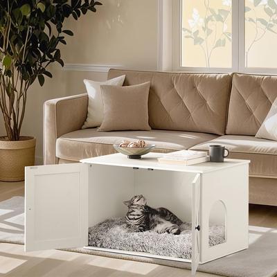 Show full view: FEANDREA Furniture Style Barn Door End Table Cat Litter Box Enclosure, White slide 3 of 7