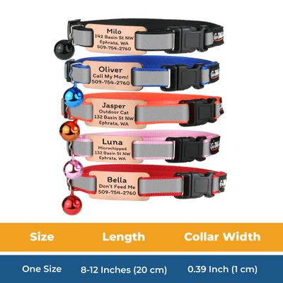 Show full view: GoTags Personalized Breakaway Reflective Cat Collar with Engraved Tag & Bell, Blue/Rosegold, 8 to 12-in neck, 3/8-in wide slide 7 of 8