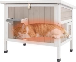 Petscosset Insulated Outdoor Wooden Cat House with Escape Door, Gray, 31-in