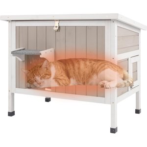 Petscosset Insulated Outdoor Wooden Cat House with Escape Door, Gray, 31-in