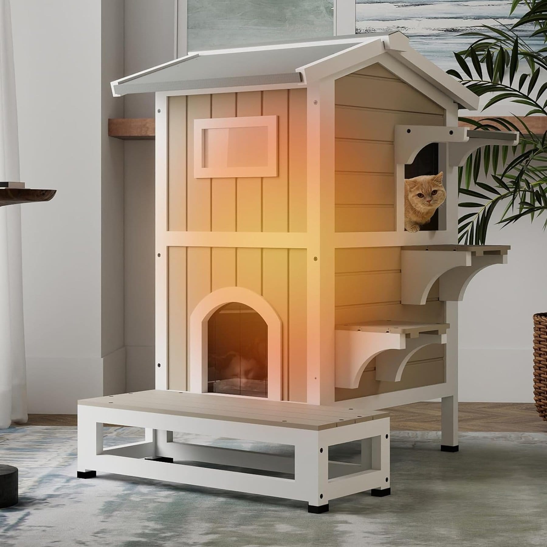 Petscosset Insulated Outdoor Two-Story Cat House with Raised Base, Gray, 22.8 x 31 x 35.4-in