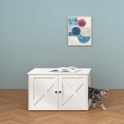 FEANDREA Furniture Style Barn Door End Table Cat Litter Box Enclosure, White