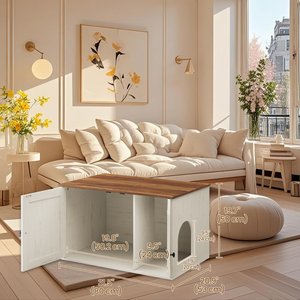 FEANDREA Furniture Style Barn Door End Table Cat Litter Box Enclosure, Honey Brown & Rustic White, 31.5-in