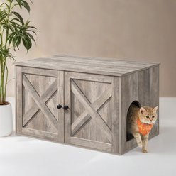 FEANDREA Furniture Style Barn Door End Table Cat Litter Box Enclosure, Greige