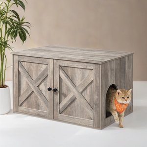FEANDREA Furniture Style Barn Door End Table Cat Litter Box Enclosure, Greige
