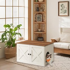 FEANDREA Furniture Style Barn Door End Table Cat Litter Box Enclosure, Honey Brown & Rustic White