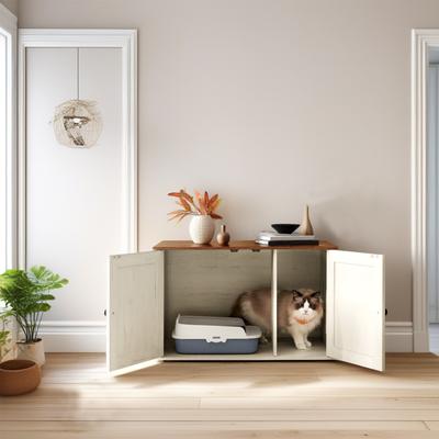 Show full view: FEANDREA Furniture Style Barn Door End Table Cat Litter Box Enclosure, Honey Brown & Rustic White slide 3 of 7