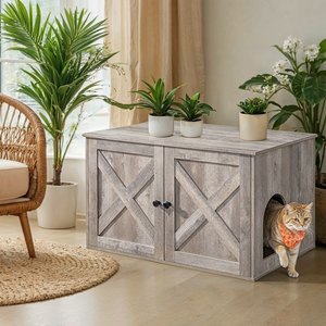 FEANDREA Furniture Style Barn Door End Table Cat Litter Box Enclosure, Greige, 31.5-in