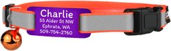 GoTags Personalized Breakaway Reflective Cat Collar with Engraved Tag & Bell, Orange/Purple, 8 to 12-in neck, 3/8-in wide