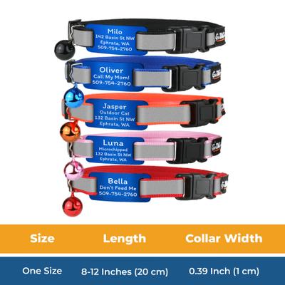 Show full view: GoTags Personalized Breakaway Reflective Cat Collar with Engraved Tag & Bell, Red/Blue, 8 to 12-in neck, 3/8-in wide slide 5 of 7