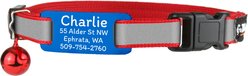 GoTags Personalized Breakaway Reflective Cat Collar with Engraved Tag & Bell, Red/Blue, 8 to 12-in neck, 3/8-in wide