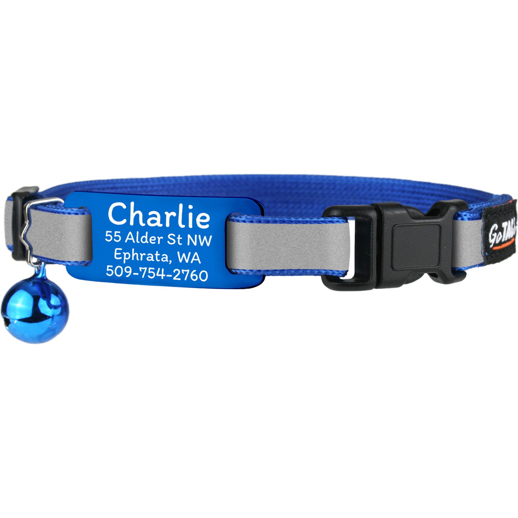 GoTags Personalized Breakaway Reflective Cat Collar with Engraved Tag & Bell, Blue/Blue, 8 to 12-in neck, 3/8-in wide