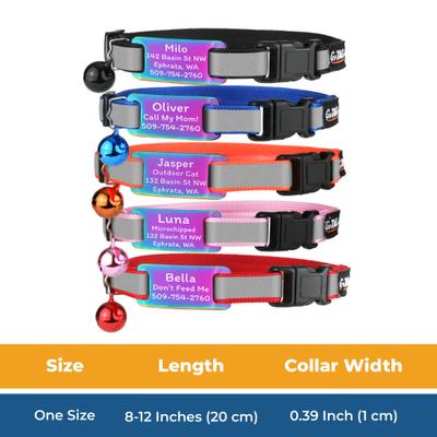 Show full view: GoTags Personalized Breakaway Reflective Cat Collar with Engraved Tag & Bell, Black/Rainbow, 8 to 12-in neck, 3/8-in wide slide 6 of 7