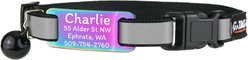 GoTags Personalized Breakaway Reflective Cat Collar with Engraved Tag & Bell, Black/Rainbow, 8 to 12-in neck, 3/8-in wide