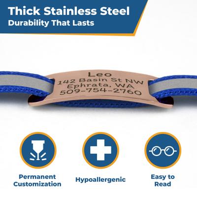 Show full view: GoTags Personalized Breakaway Reflective Cat Collar with Engraved Tag & Bell, Blue/Rosegold, 8 to 12-in neck, 3/8-in wide slide 6 of 8