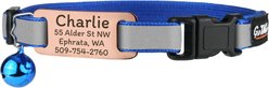GoTags Personalized Breakaway Reflective Cat Collar with Engraved Tag & Bell, Blue/Rosegold, 8 to 12-in neck, 3/8-in wide