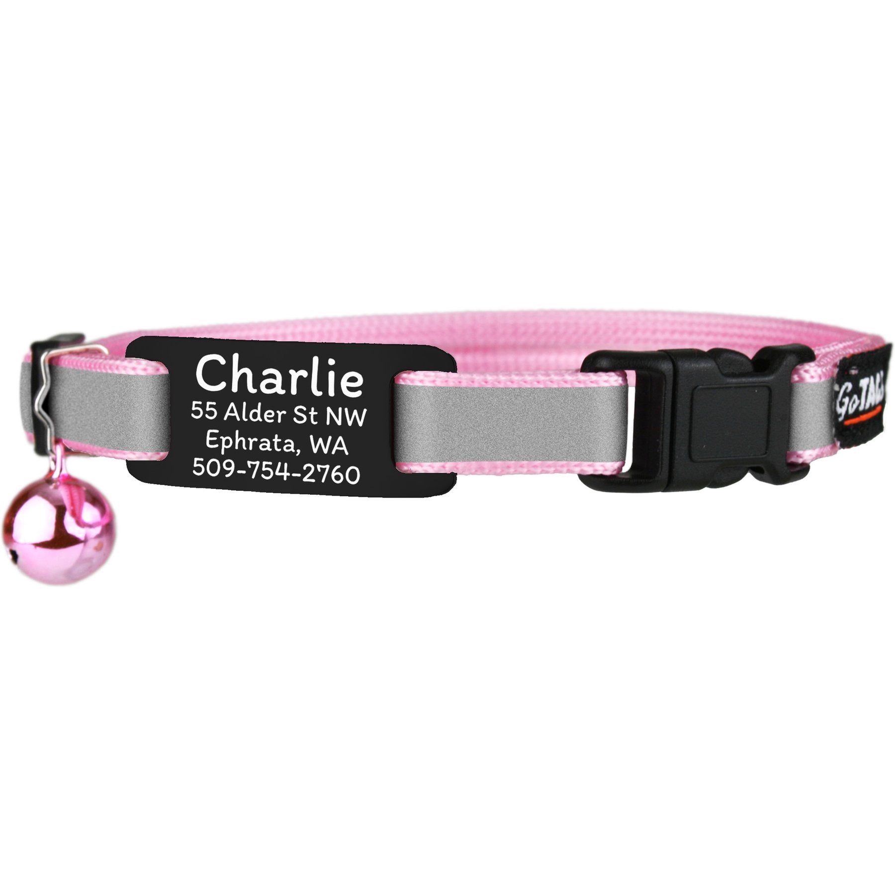 GoTags Personalized Breakaway Reflective Cat Collar with Engraved Tag & Bell, Pink/Black, 8 to 12-in neck, 3/8-in wide