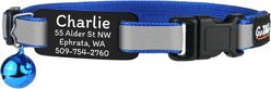GoTags Personalized Breakaway Reflective Cat Collar with Engraved Tag & Bell, Blue/Black, 8 to 12-in neck, 3/8-in wide
