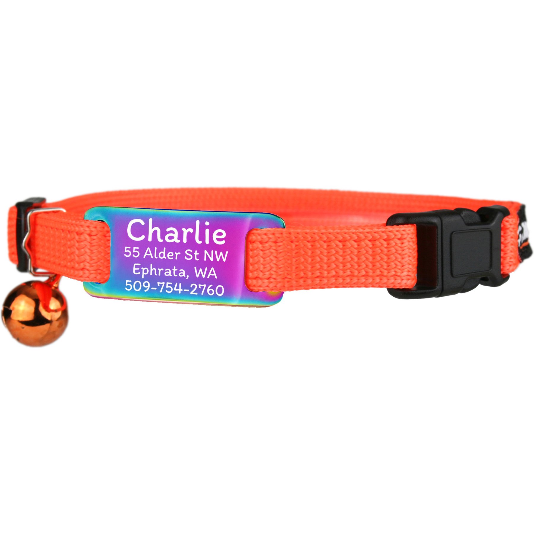 GoTags Personalized Breakaway Cat Collar with Engraved Tag & Bell, Orange/Rainbow, 8 to 12-in neck, 3/8-in wide