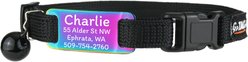 GoTags Personalized Breakaway Cat Collar with Engraved Tag & Bell, Black/Rainbow, 8 to 12-in neck, 3/8-in wide