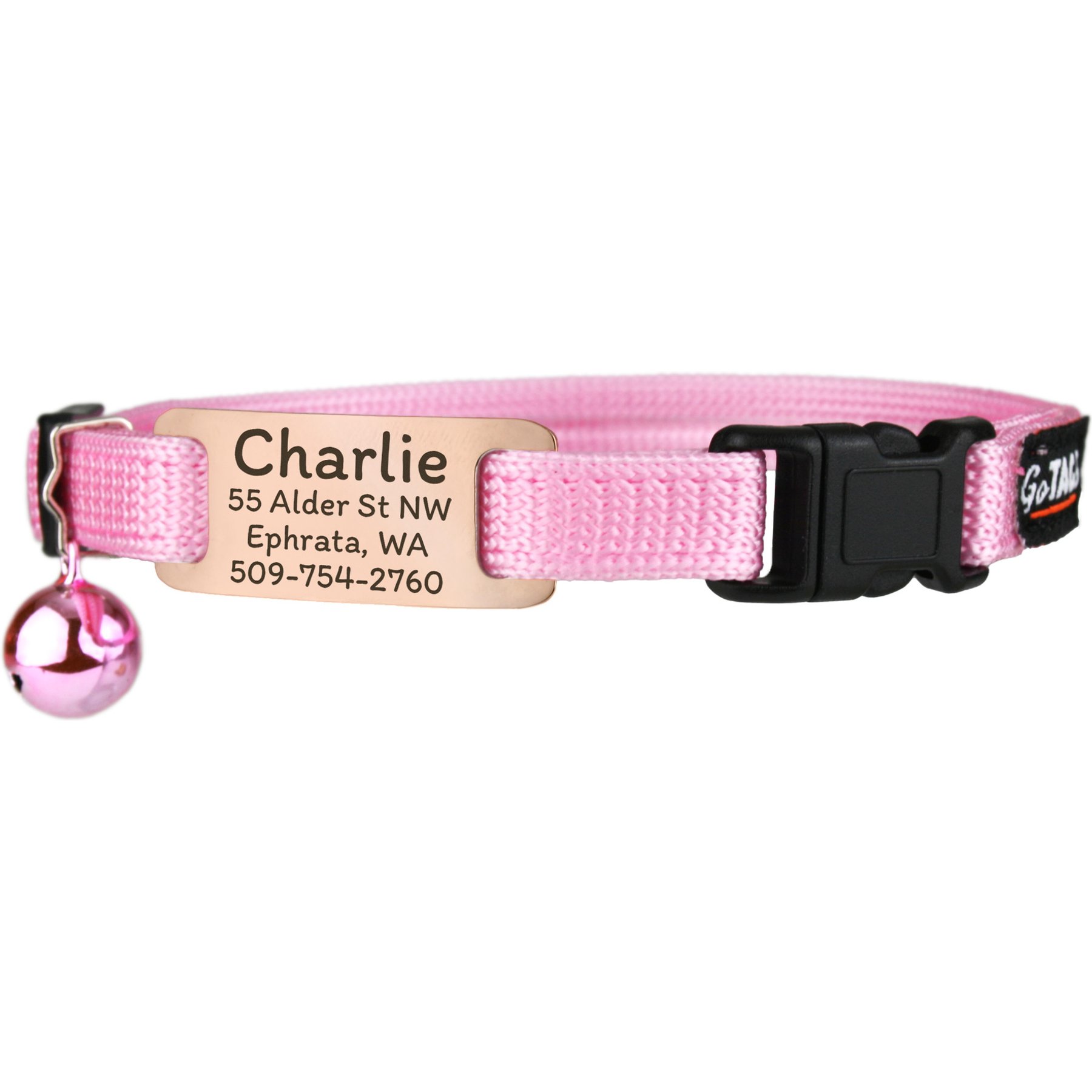 GoTags Personalized Breakaway Cat Collar with Engraved Tag & Bell, Pink/Rosegold, 8 to 12-in neck, 3/8-in wide