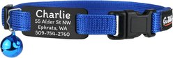 GoTags Personalized Breakaway Cat Collar with Engraved Tag & Bell, Blue/Black, 8 to 12-in neck, 3/8-in wide