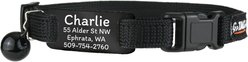 GoTags Personalized Breakaway Cat Collar with Engraved Tag & Bell, Black/Black, 8 to 12-in neck, 3/8-in wide