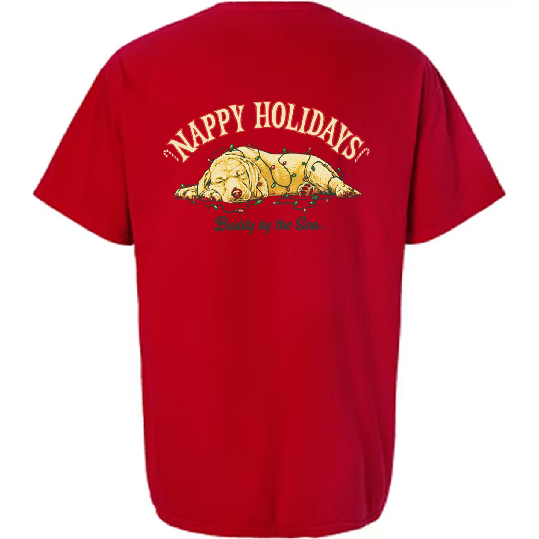 BUDDY BY THE SEA Nappy Holidays Adult Unisex Short Sleeve Tee Shirt, Holiday Red, XX-Large