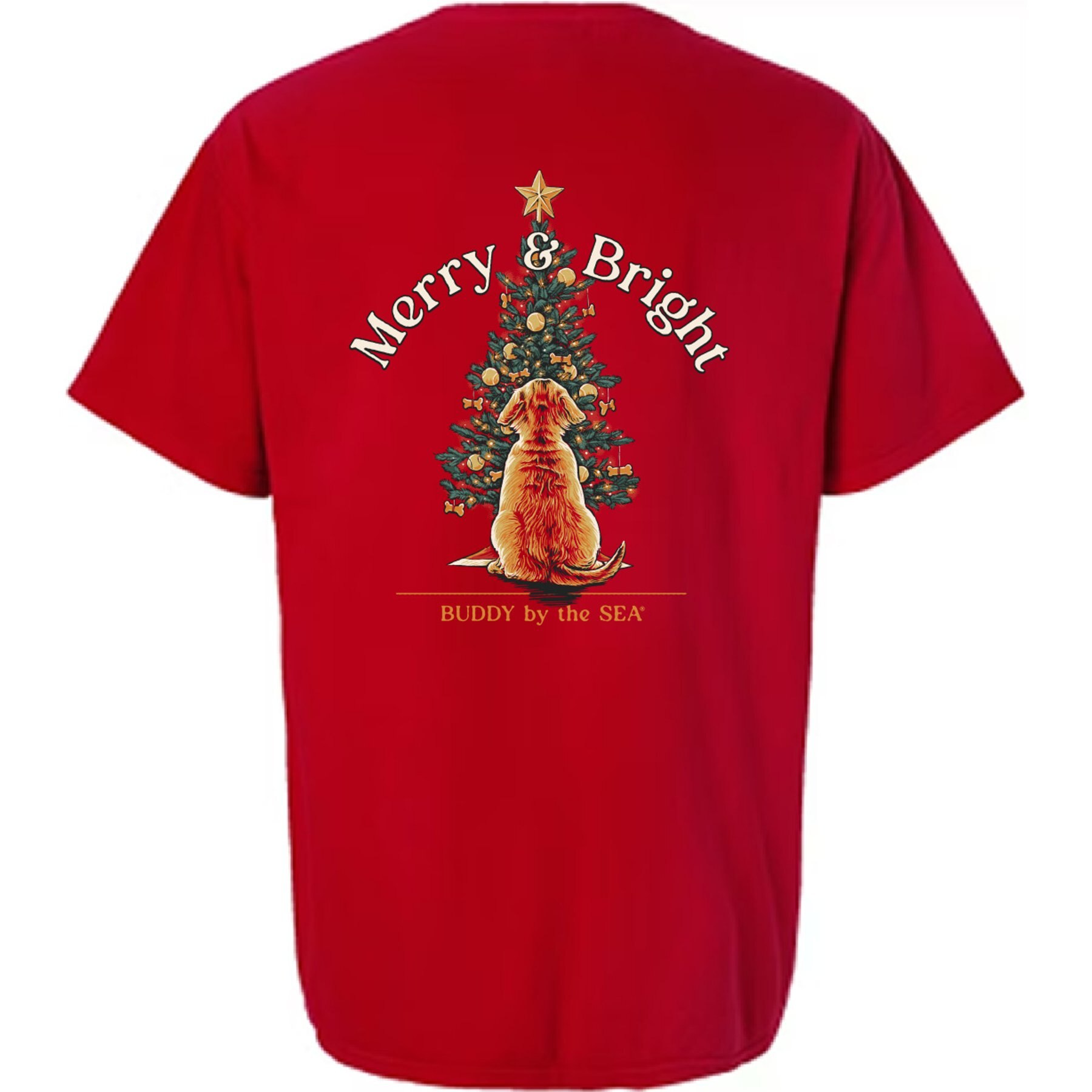 BUDDY BY THE SEA Merry & Bright Adult Unisex Short Sleeve Tee Shirt, Holiday Red, X-Large