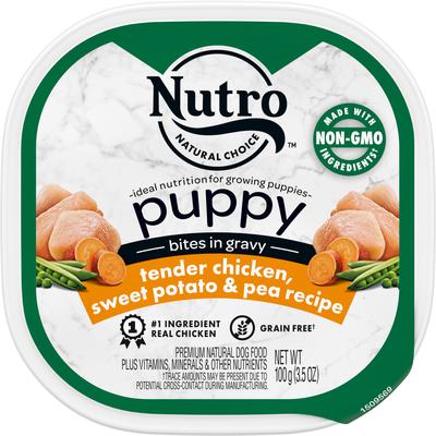 Show full view: Puppy Variety Pack: Nutro Natural Choice Large Breed Chicken & Brown Rice Recipe Dry Food, 30-lb bag + Nutro Tender Grain-Free Chicken, Sweet Potato & Pea Recipe Bites in Gravy Wet Food Trays, 3.5-oz, case of 24 + Greenies Regular Dental Treats, 12 count slide 5 of 9