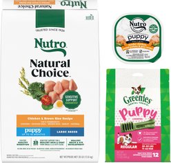 Puppy Variety Pack: Nutro Natural Choice Large Breed Chicken & Brown Rice Recipe Dry Food, 30-lb bag + Nutro Tender Grain-Free Chicken, Sweet Potato & Pea Recipe Bites in Gravy Wet Food Trays, 3.5-oz, case of 24 + Greenies Regular Dental Treats, 12 count