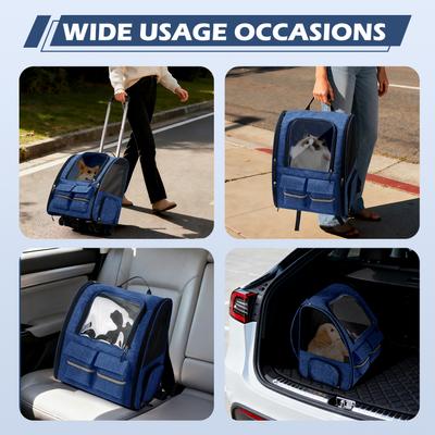 Show full view: Heeyoo Rolling Carrier Backpack with Wheels for Small Dogs & Cats, Blue slide 9 of 10