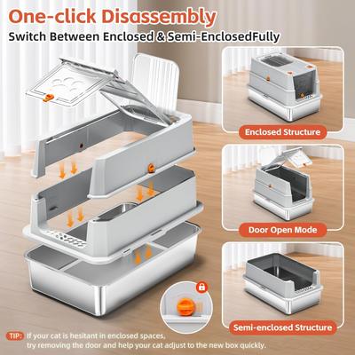 Show full view: Lobeve Stainless Steel Enclosed Cat Litter Box with lid, Metal Litter Scoop & Litter Mat, X-Large slide 5 of 8