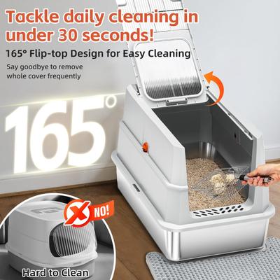 Show full view: Lobeve Stainless Steel Enclosed Cat Litter Box with lid, Metal Litter Scoop & Litter Mat, X-Large slide 2 of 8