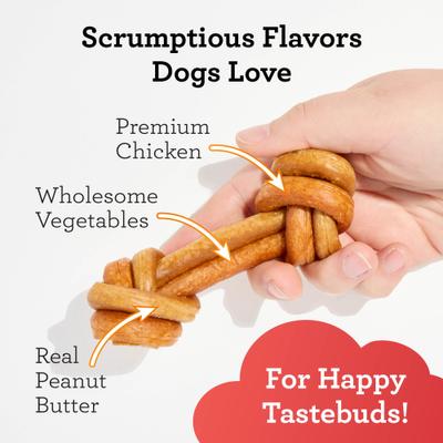Show full view: DreamBone CollaYUMS Knots Plus Collagen Chicken & Peanut Butter Flavor Rawhide Free Dog Chews, 8 count slide 5 of 12