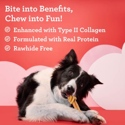 Show full view: DreamBone CollaYUMS Knots Plus Collagen Chicken & Peanut Butter Flavor Rawhide Free Dog Chews, 8 count slide 3 of 12