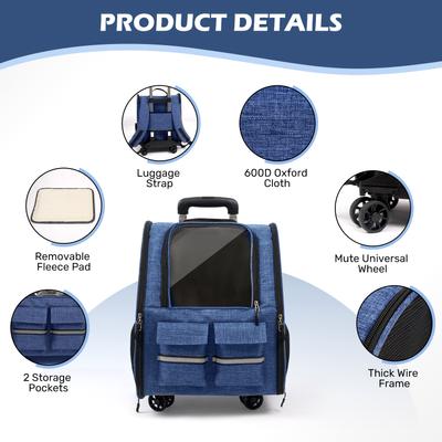 Show full view: Heeyoo Rolling Carrier Backpack with Wheels for Small Dogs & Cats, Blue slide 8 of 10