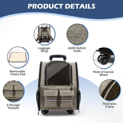 Show full view: Heeyoo Rolling Carrier Backpack with Wheels for Small Dogs & Cats, Brown slide 8 of 10