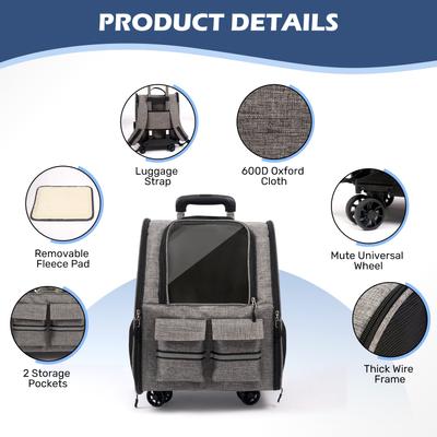 Show full view: Heeyoo Rolling Carrier Backpack with Wheels for Small Dogs & Cats, Grey slide 7 of 9