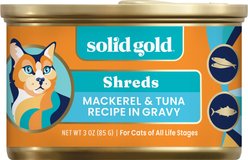 Solid Gold Five Oceans Mackerel & Tuna Grain-Free Shreds in Gravy Wet Cat Food, 3-oz can, case of 3
