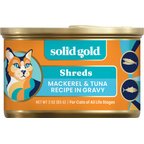 Solid Gold Five Oceans Mackerel & Tuna Grain-Free Shreds in Gravy Wet Cat Food, 3-oz can, case of 3