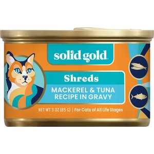 Solid Gold Five Oceans Mackerel & Tuna Grain-Free Shreds in Gravy Wet Cat Food, 3-oz can, case of 3