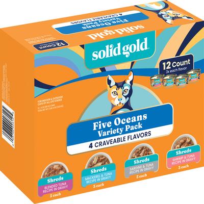 Show full view: Solid Gold Five Oceans Variety Pack Grain-Free Shreds in Gravy Wet Cat Food, 3-oz can, case of 12 slide 4 of 10