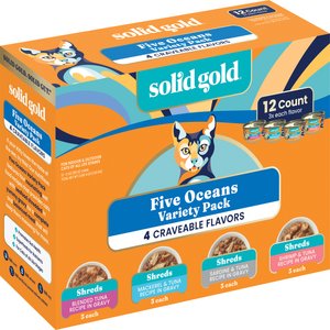 Solid Gold Five Oceans Variety Pack Grain-Free Shreds in Gravy Wet Cat Food, 3-oz can, case of 12