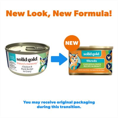 Show full view: Solid Gold Nature's Harmony Chicken & Duck Grain-Free Shreds in Gravy Wet Cat Food, 2.8-oz can, 12 count slide 3 of 11